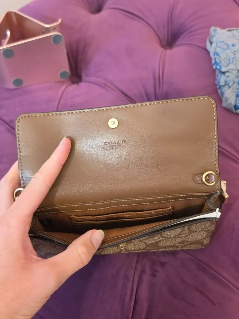 Gorgeous Coach Foldover Wristlet Clutch Wallet in Brown and White